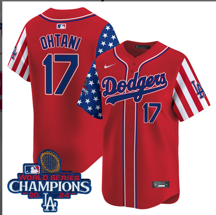 Men MLB Los Angeles Dodgers #17 Ohtani American Style red 2024 World Series Champions  Limited Jersey->los angeles dodgers->MLB Jersey